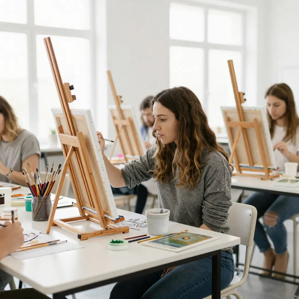 Adult painting workshop with easels and canvases in a bright studio