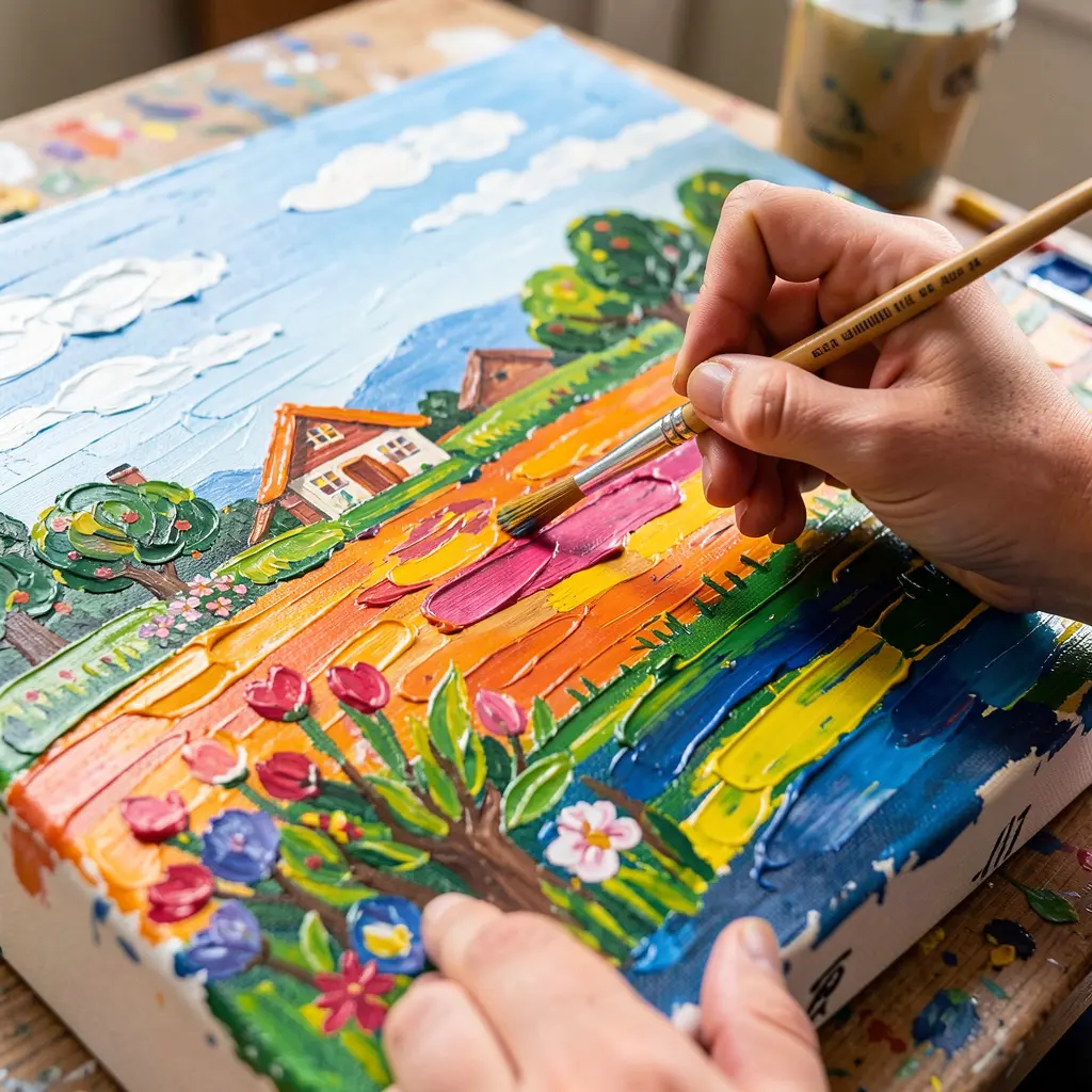 Close-up of hands painting a colorful landscape on canvas