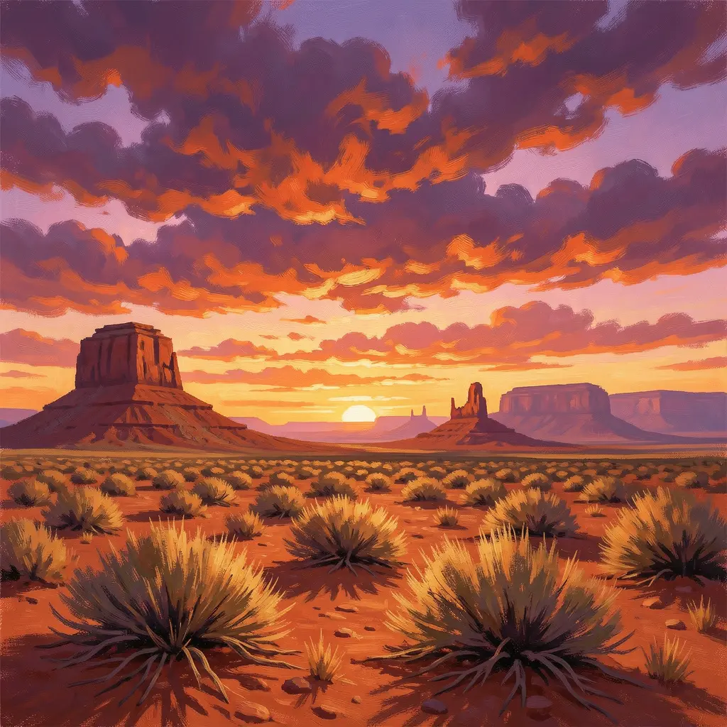 Landscape painting of New Mexico desert with vibrant sunset colors